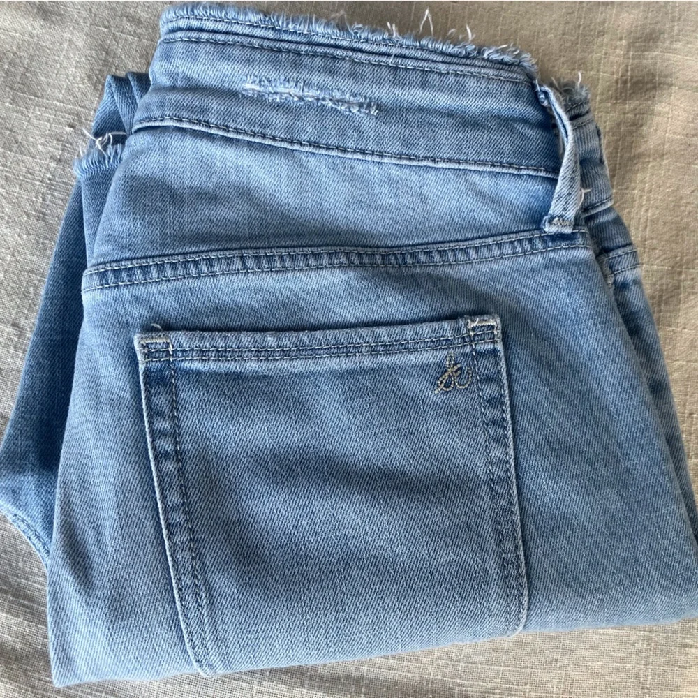 Sam Edelman Blue stiletto crop boot hi rise fringe jeans fade